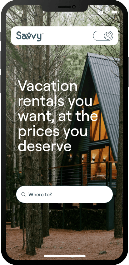 Preview of the Savvy iOS app home screen showing a vacation rental and the search bar